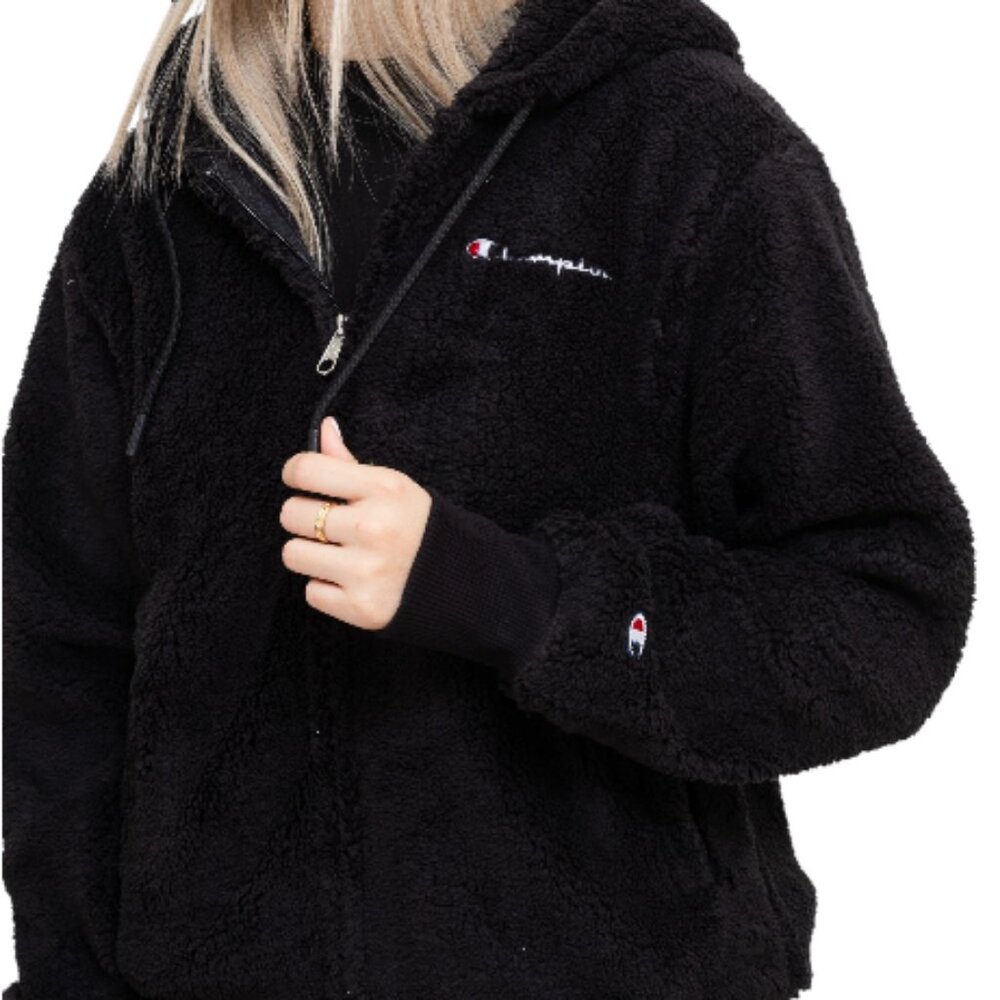 Champion black junior zip-up hooded teddy jacket size M